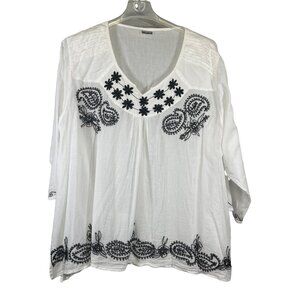 Krishma Womens 2X White Cotton Embroidered Tunic Top